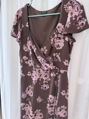 Lily Rose Mauve Brown Midi Wrap Dress with Pink Floral